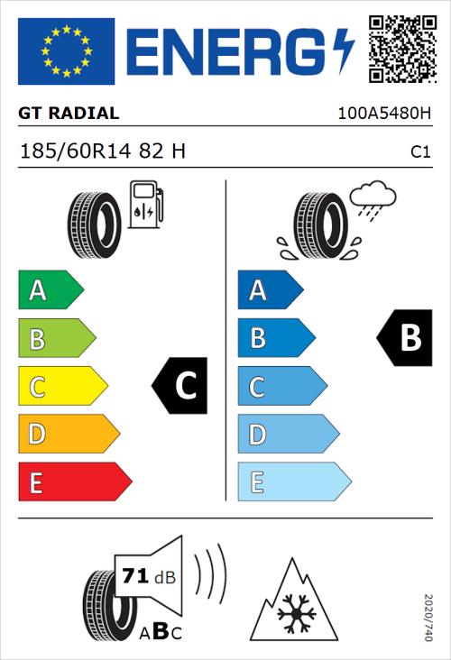 Tyre Label for GT Radial 4Seasons 185/60R14 82H