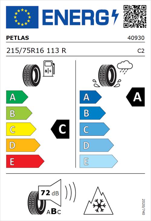 Tyre Label for Petlas Full Grip PT925 215/75R16 113R