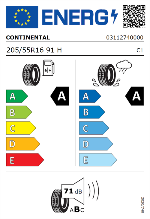 Tyre Label for Continental EcoContact 6 205/55R16 91H